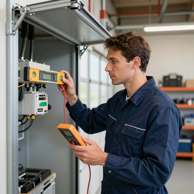 Technician testing an electrical cabinet with a multimeter in an industrial workshop