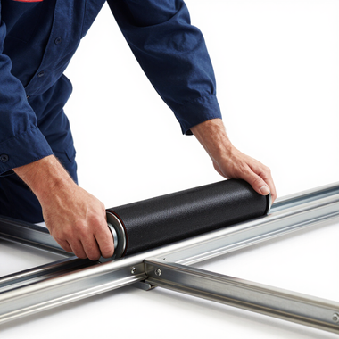 Hands installing a black roller on a metal rail system