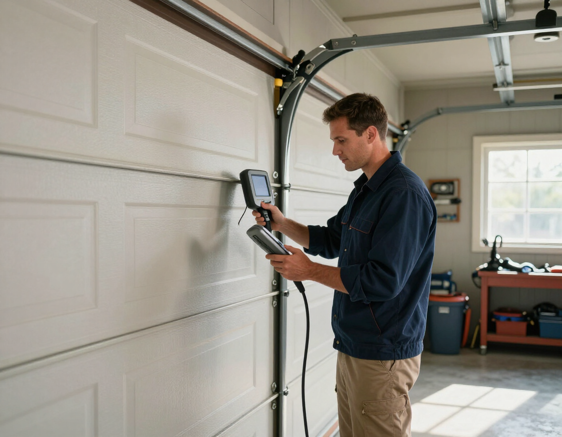 Technician inspecting a garage door with a handheld device in a bright garage