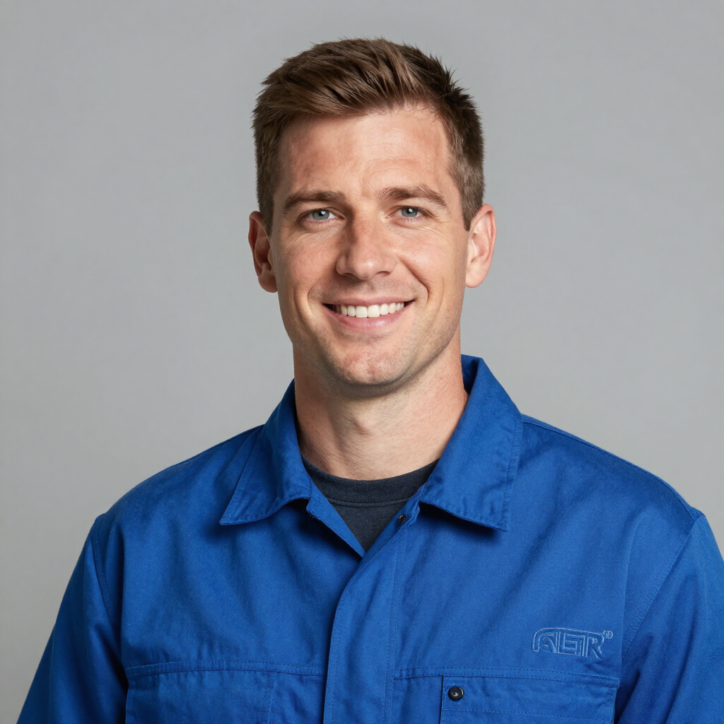 Smiling man in a blue work shirt against a gray background