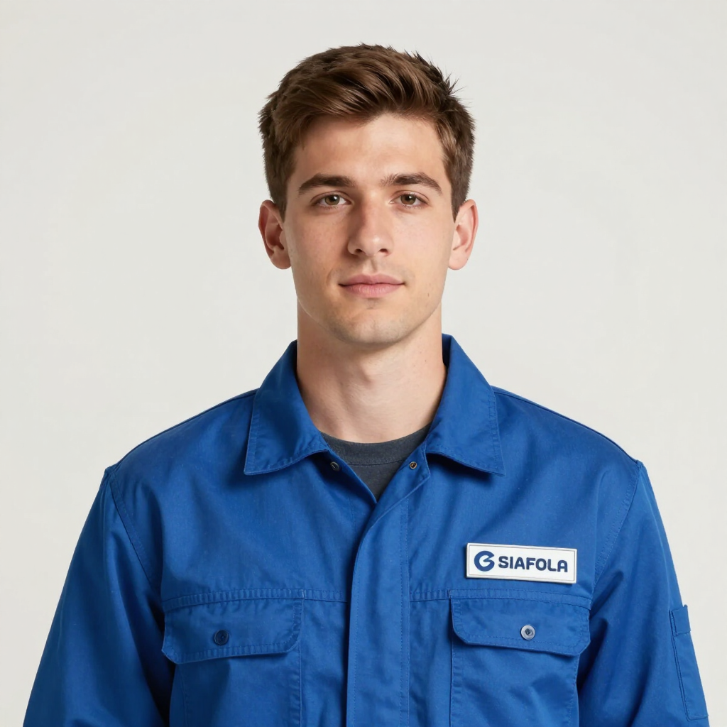 Young man in a blue work shirt with a name patch, standing against a plain light background.