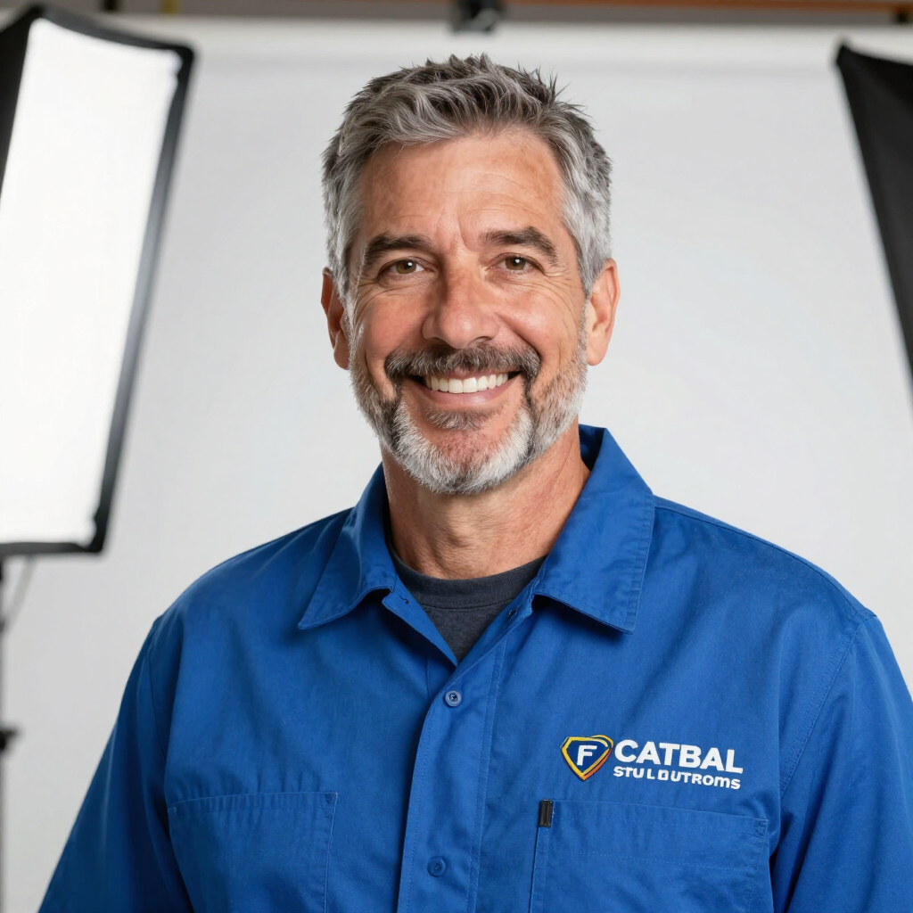 Smiling man in a blue CATBAL work shirt standing in front of studio lights