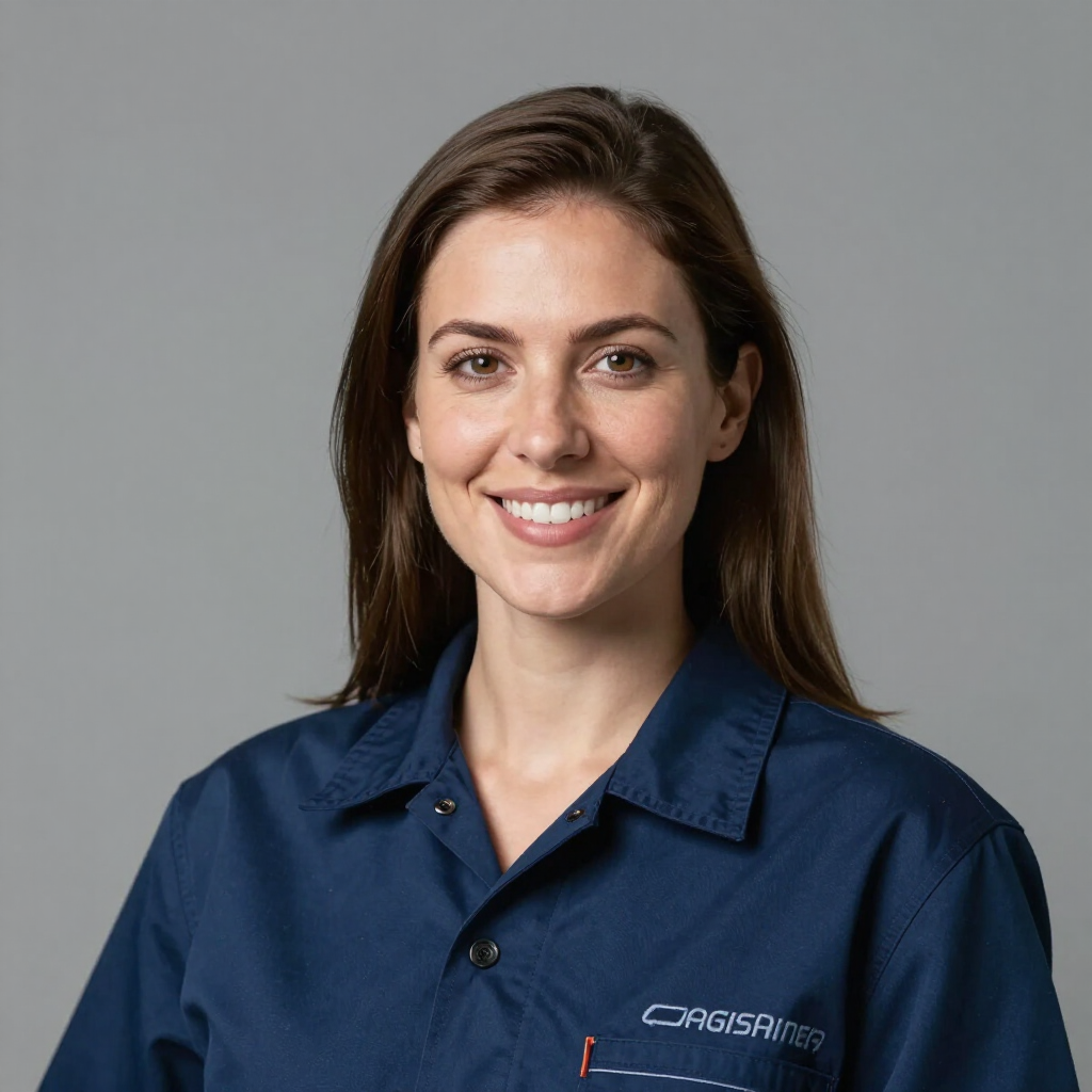 Portrait of a smiling person in a blue collared work shirt against a gray background