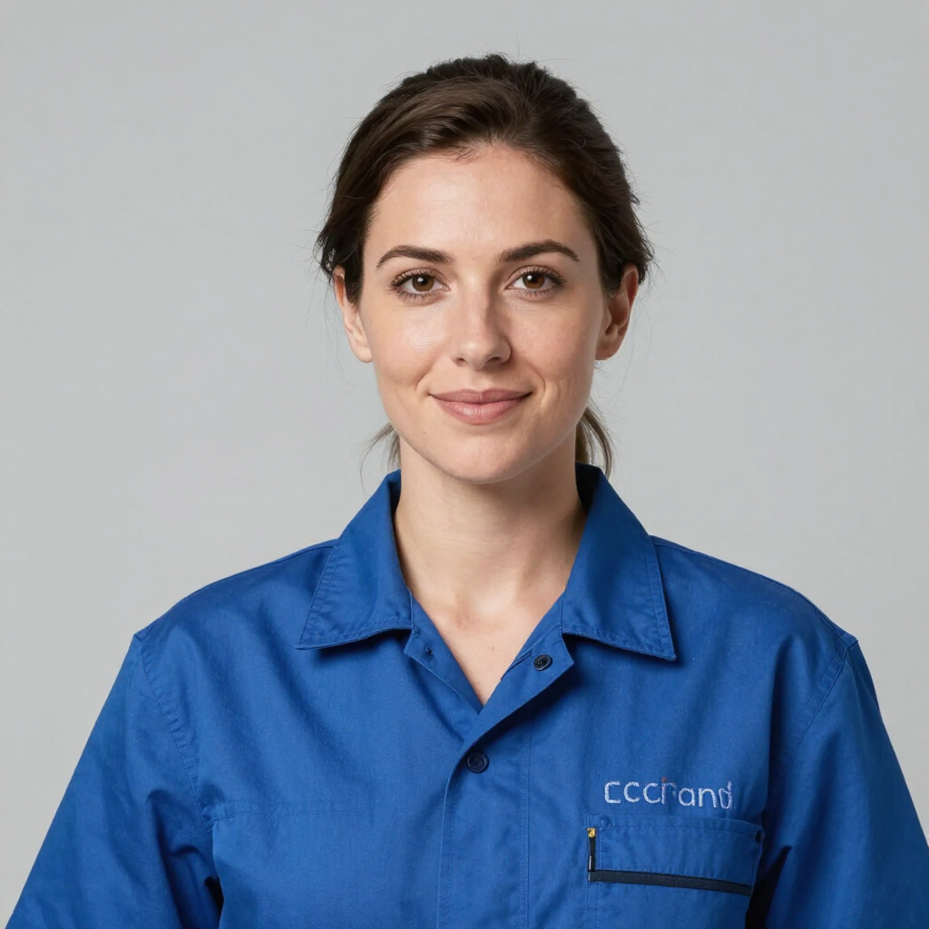 Woman in blue work uniform against a plain gray background, facing forward and smiling gently