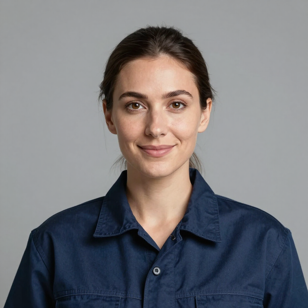 Portrait of a person in a navy button-up shirt against a light gray background