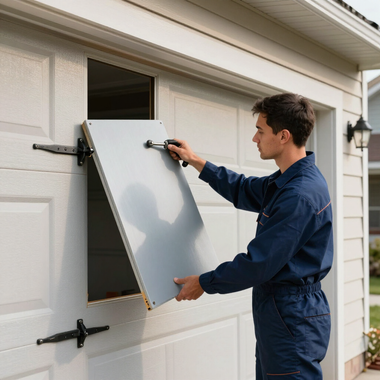 Technician in blue jacket installing a white panel on a garage wall