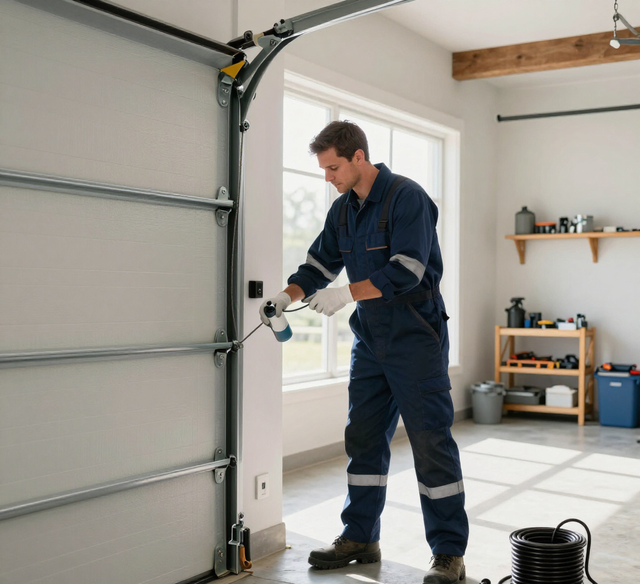 Technician installing a garage door opener in a bright garage, with tools and cable spool nearby.