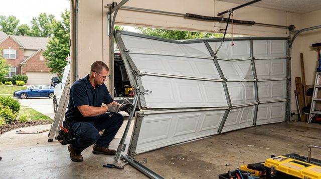 Technician repairing a detached garage door, crouched beside the bent white panel in a garage.