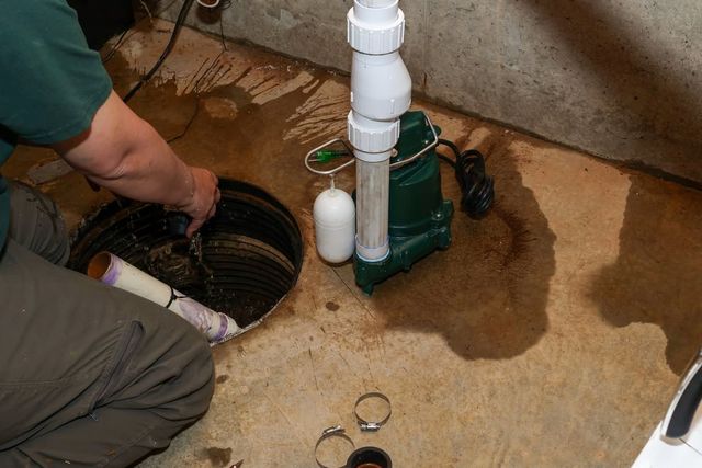 Person clearing a clogged floor drain beside a white PVC pipe and green pump in a flooded utility area