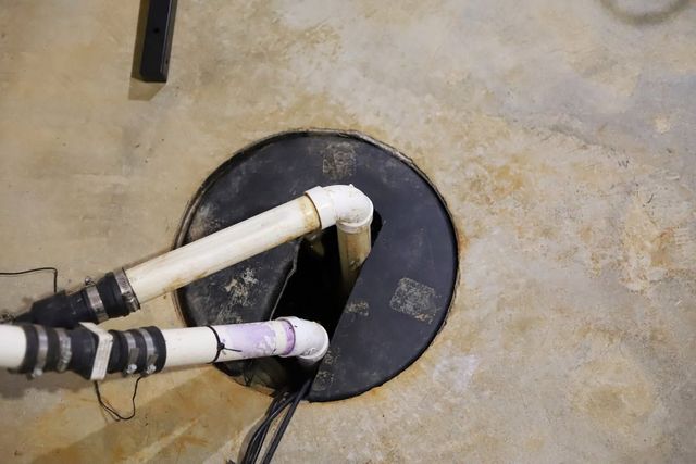 Black cable pass-through plate with white pipes and hoses entering a floor opening
