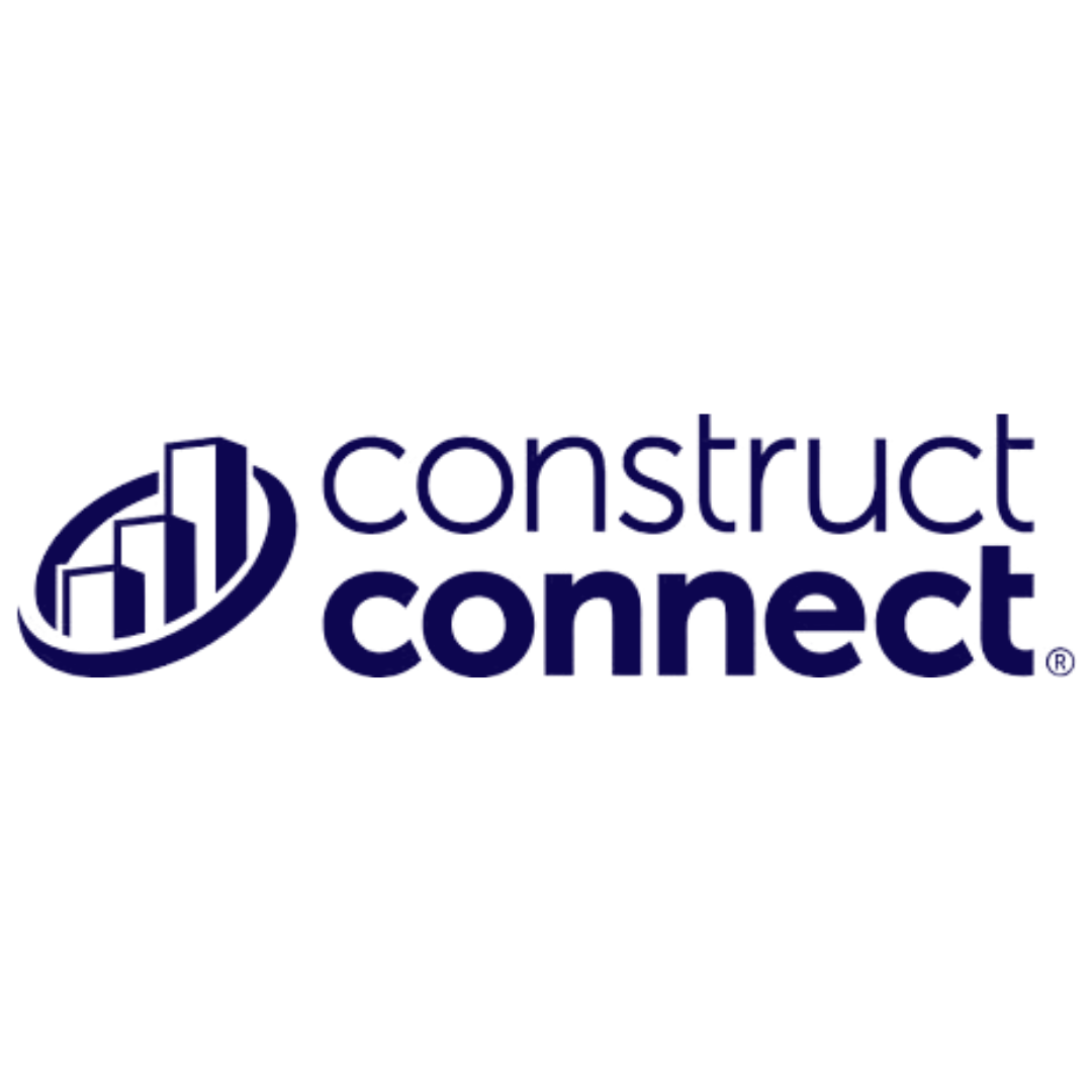 A blue and white logo for construct connect