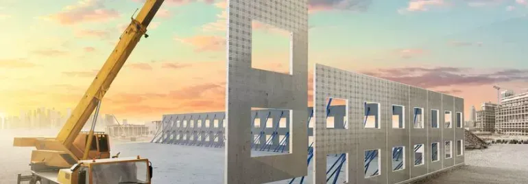 A construction site with a crane and a building under construction.