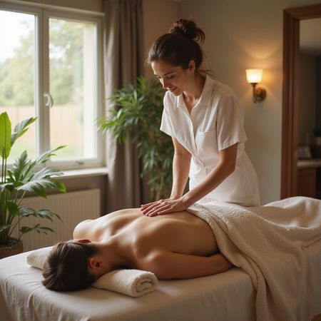 Woman giving back massage in a spa.  Patient is face down on a massage table, covered with a towel. Soft, natural light.