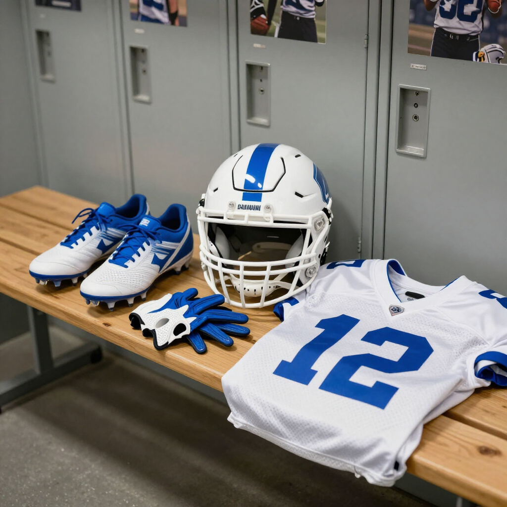 Football gear laid out on a bench: blue-and-white cleats, gloves, helmet, and jersey number 12.
