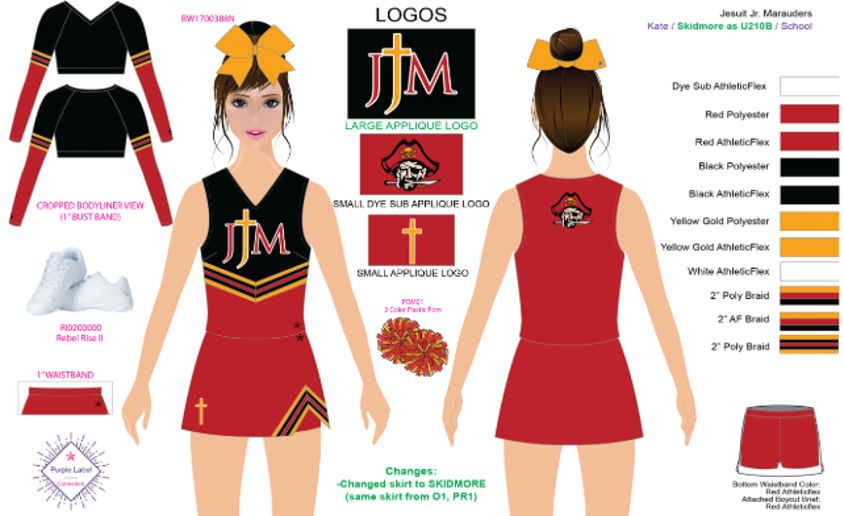 Cheer uniform design board with front/back views, logos, color swatches, and style details