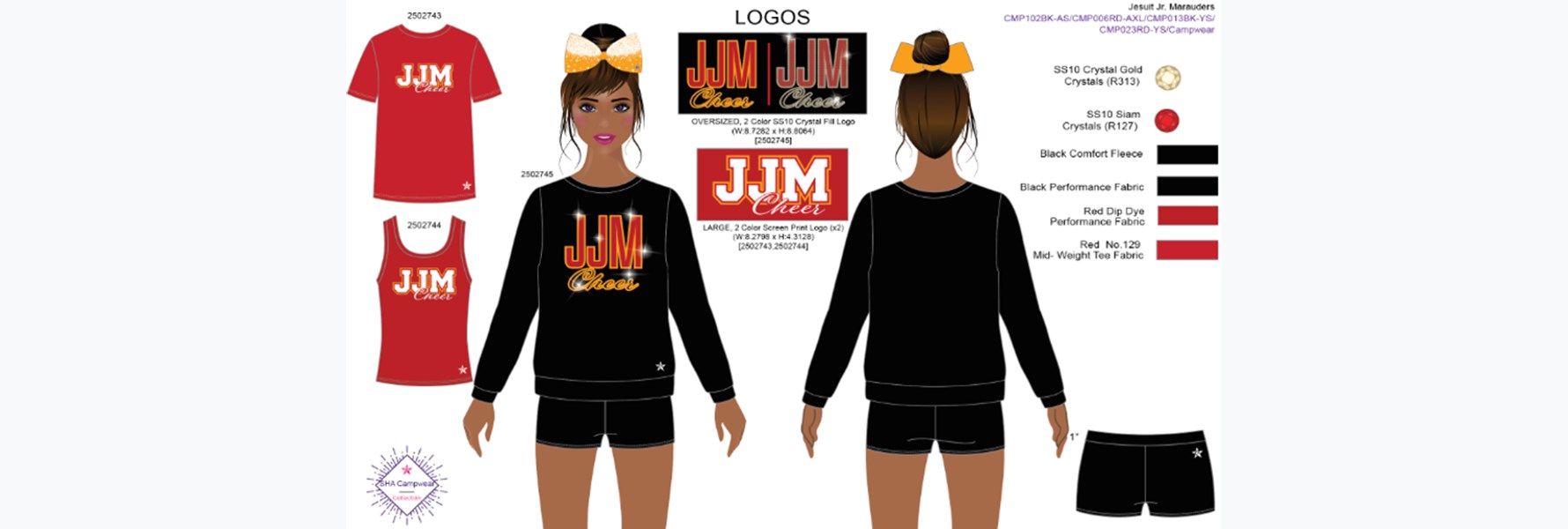 Fashion mockup of black sweatshirt and shorts set with red graphic print, shown front and back