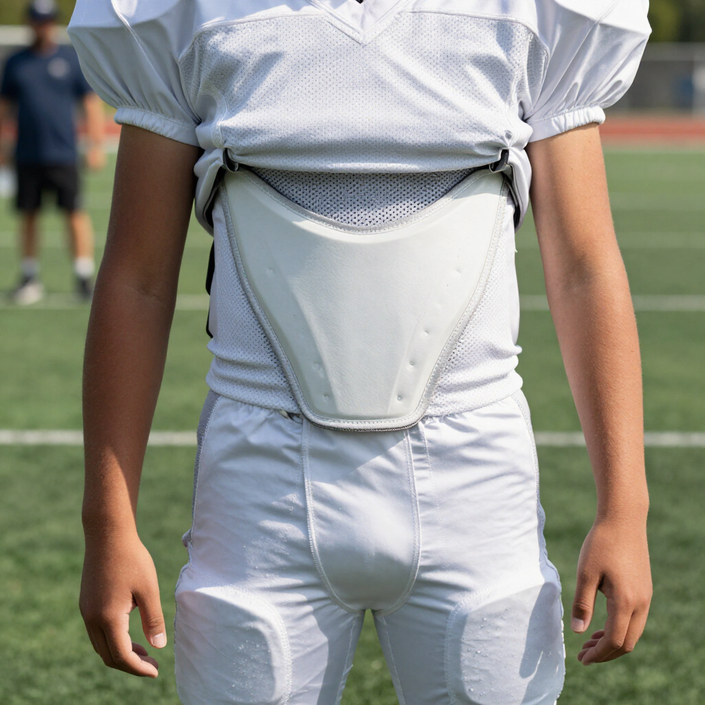 Youth football player wearing white padded gear on a field