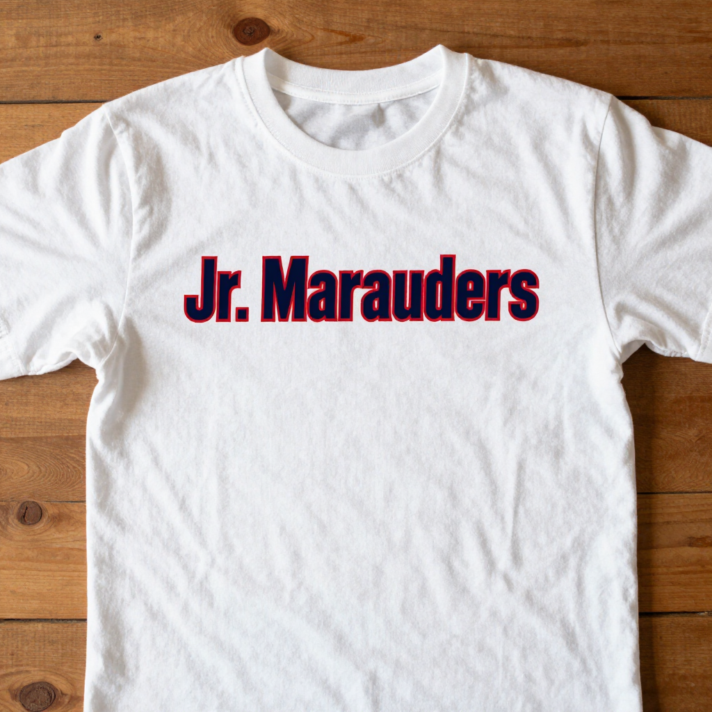 White T-shirt with “Jr. Marauders” printed in red and blue on the chest