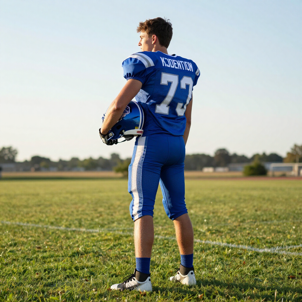 Football player in blue uniform standing on a grassy field, seen from behind with number 23.