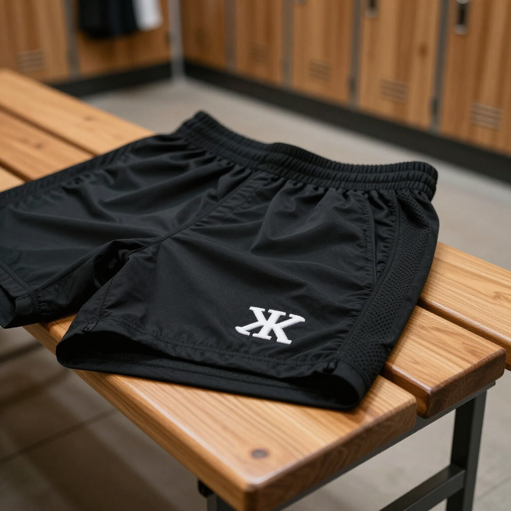 Black athletic shorts with a white logo on a wooden bench in a locker room