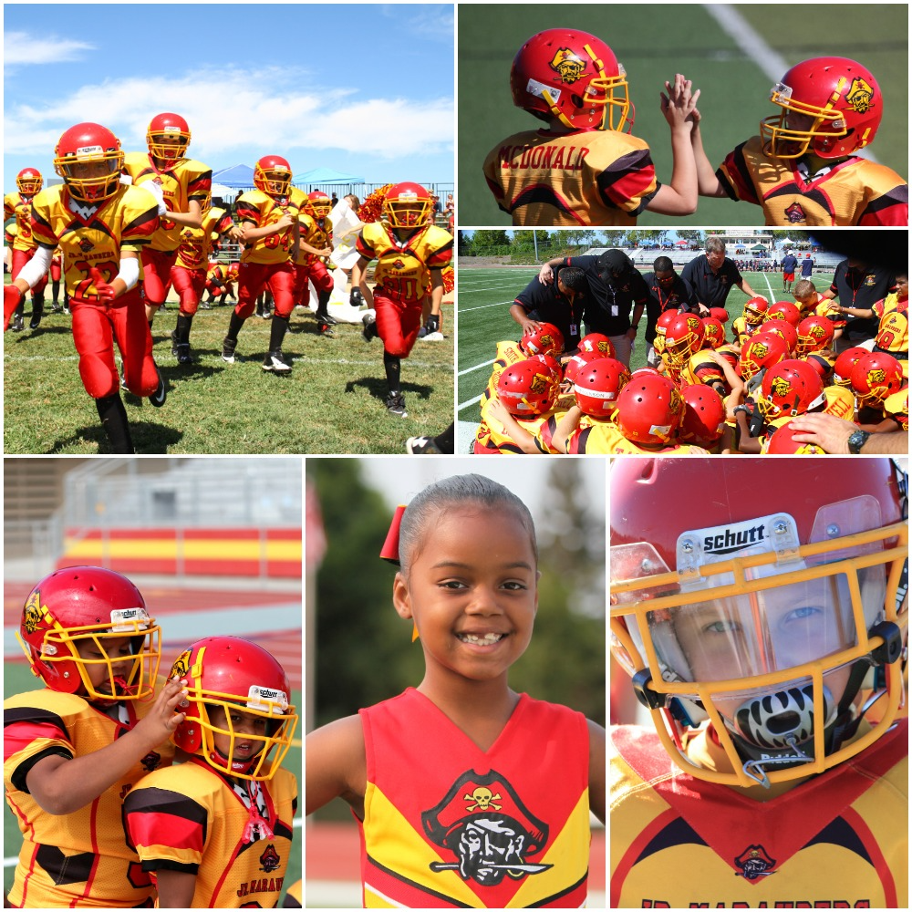 Youth football collage: players in red-and-gold uniforms, helmet close-up, sideline huddle, and a smiling player.