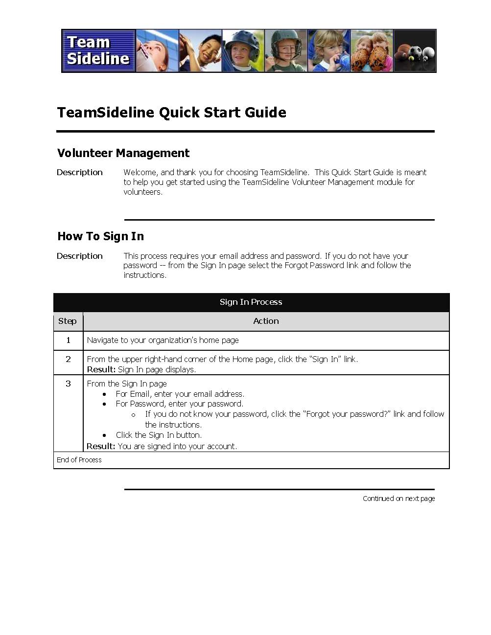 TeamSideline Quick Start Guide document page with a blue header and table of instructions for volunteer management.