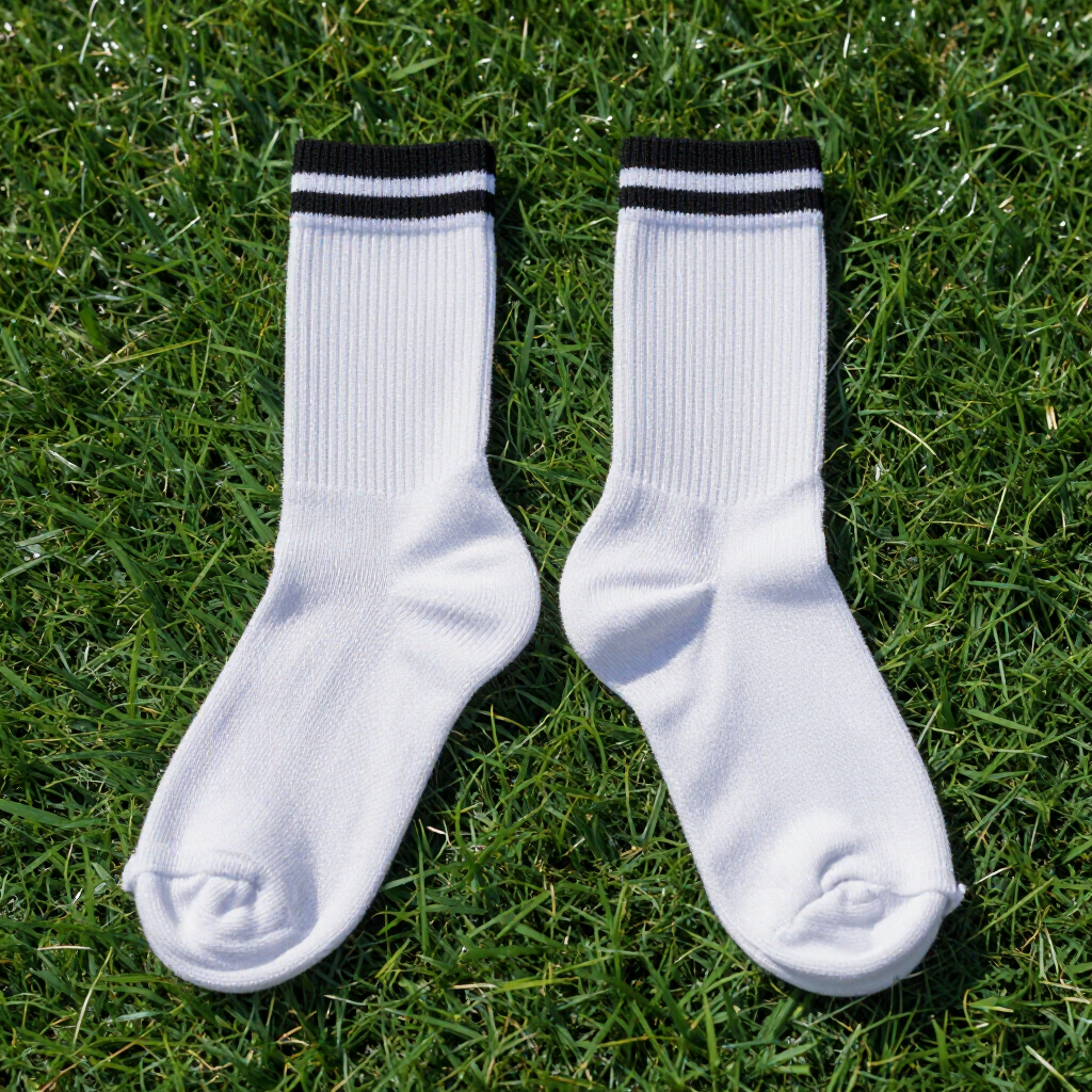 White ribbed socks with black stripes lying on green grass