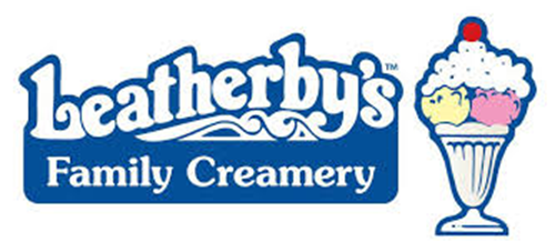 Leatherby's Family Creamery logo with blue text and a pink ice cream cone illustration