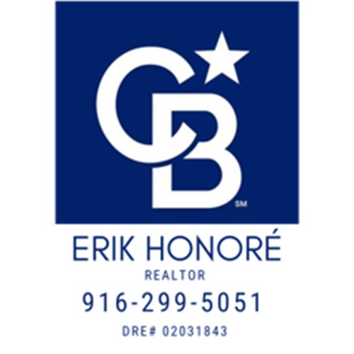 Blue and white Coldwell Banker realtor logo with Erik Honoré, phone number, and DRE license number