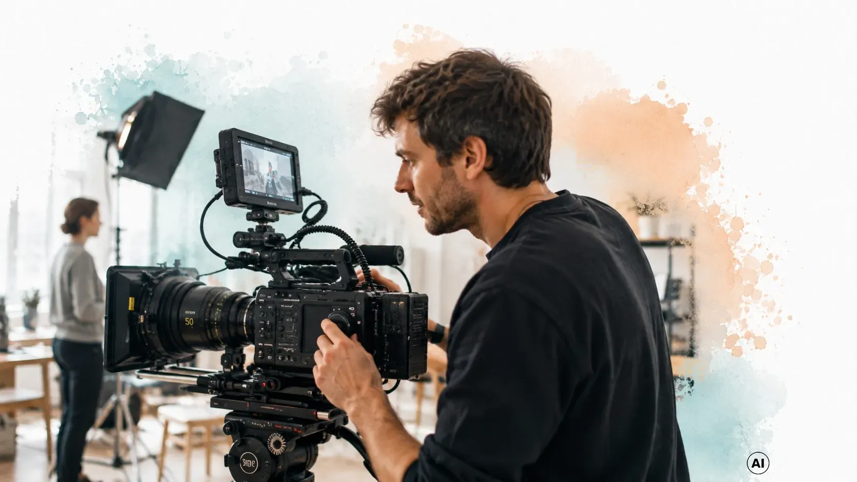 Kameramann richtet am Filmset eine Filmkamera ein, während im Hintergrund Beleuchtung und Crew zu se