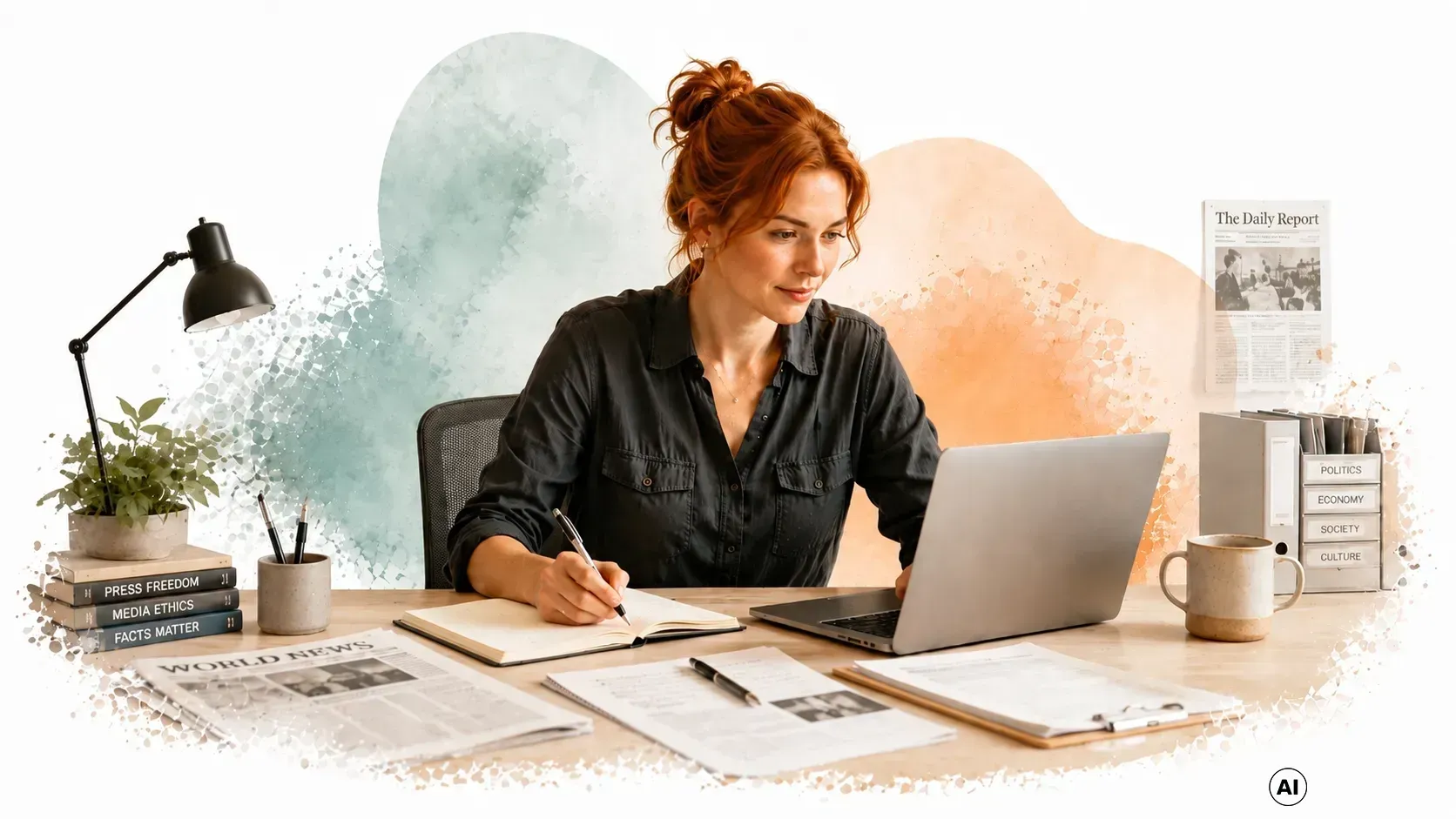 Eine Frau arbeitet an einem Schreibtisch mit Laptop, Papieren, Lampe und Schreibwaren in einem hellen Heimbüro.