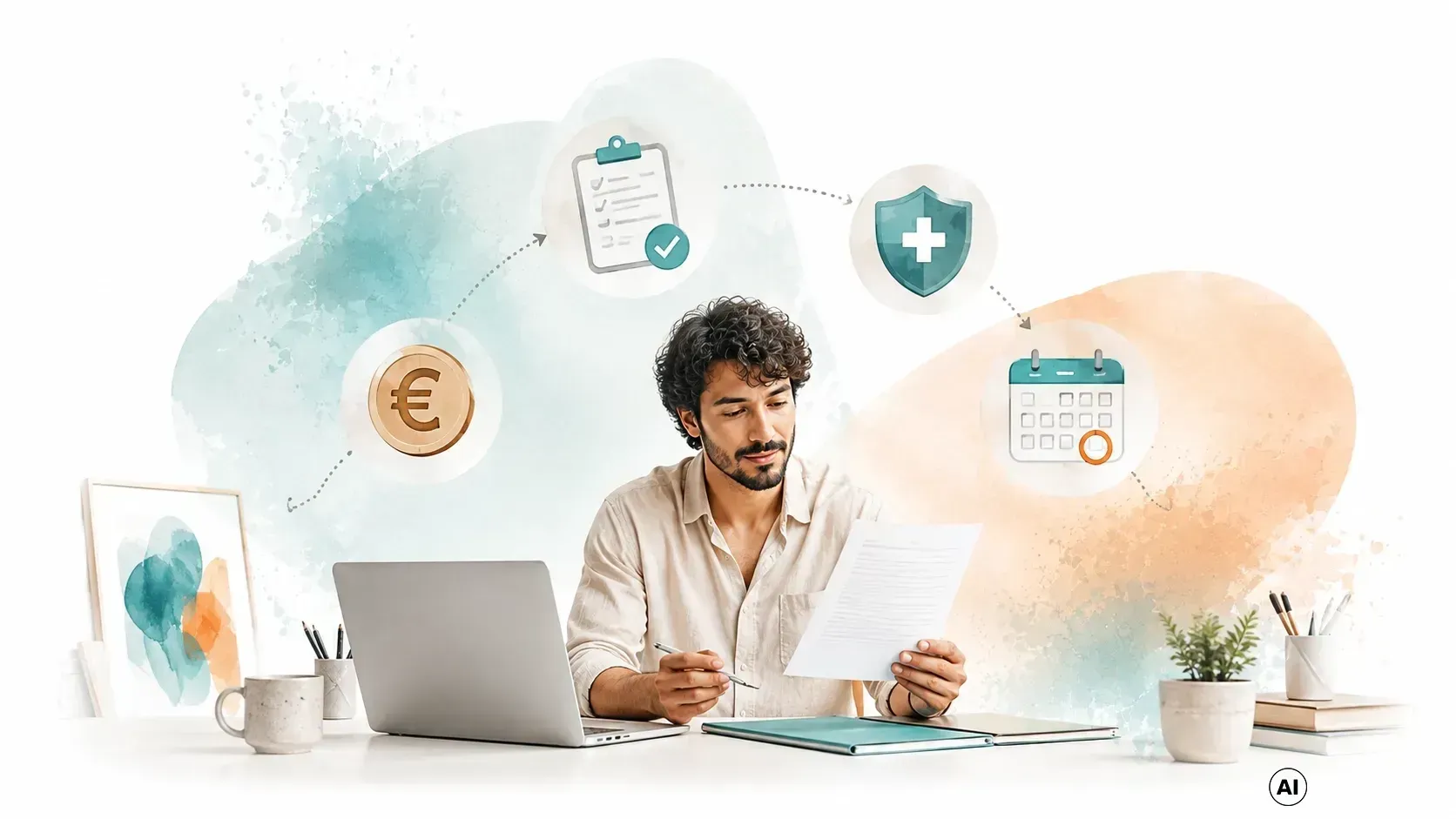 Mann am Schreibtisch mit Laptop und Unterlagen, darüber schwebende Finanz- und Gesundheitsicons vor