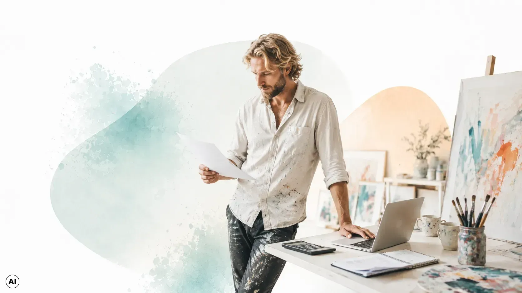 Eine Person arbeitet an einem Schreibtisch mit Laptop, Unterlagen, Kamera und Pflanzen in einem hellen Heimbüro.