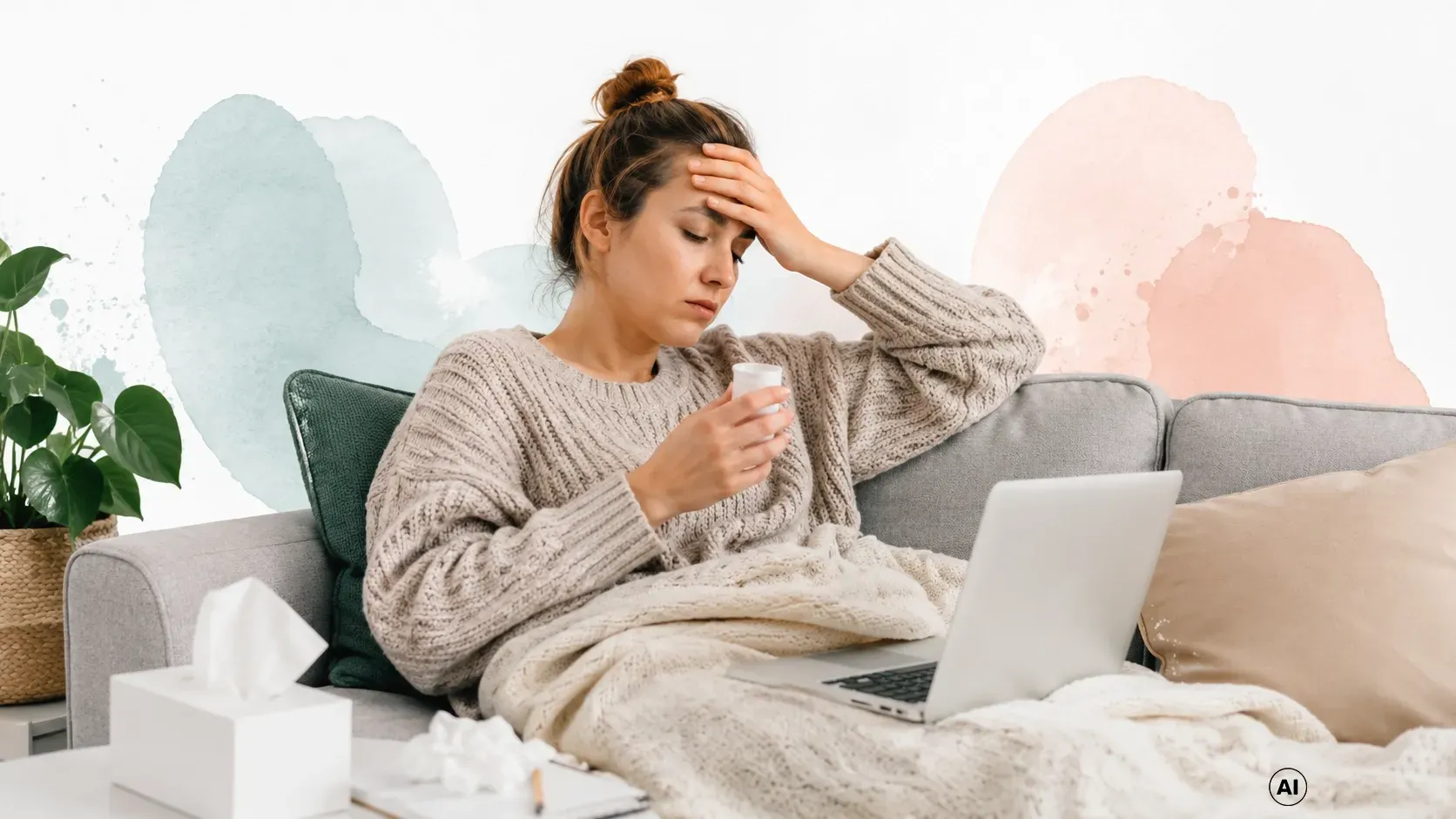 Eine Frau, in eine Decke gehüllt, sitzt auf einem Sofa und hält eine Tasse in der Hand