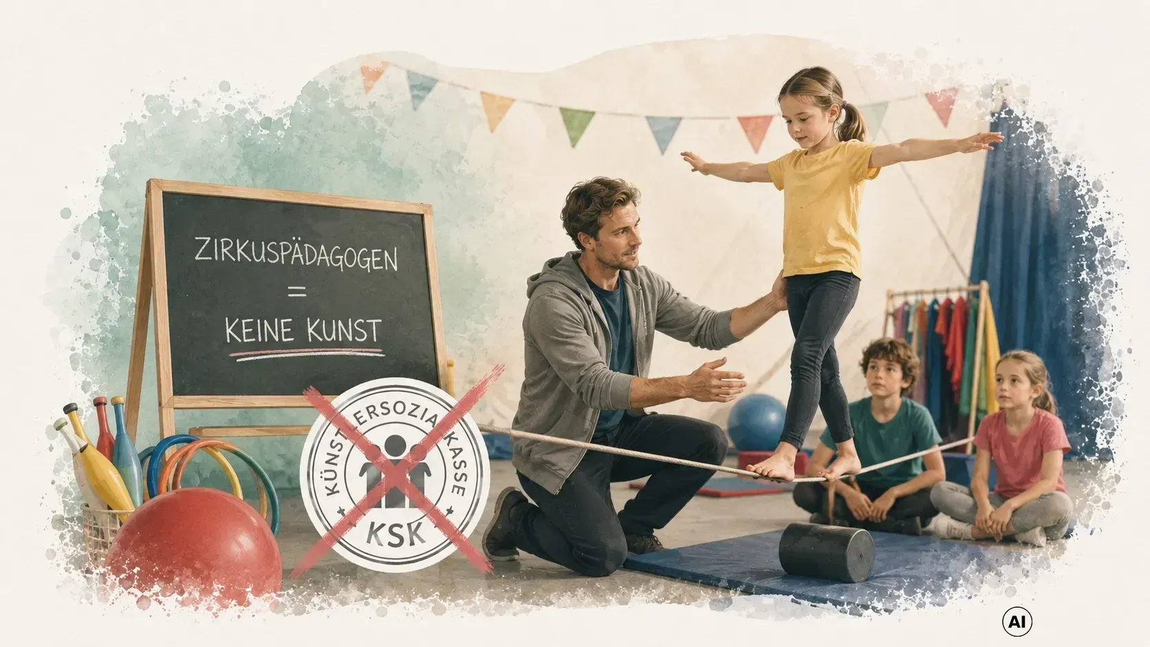 Zirkuspädagoge unterstützt ein Kind beim Balancieren, während weitere Kinder die Übung beobachten.