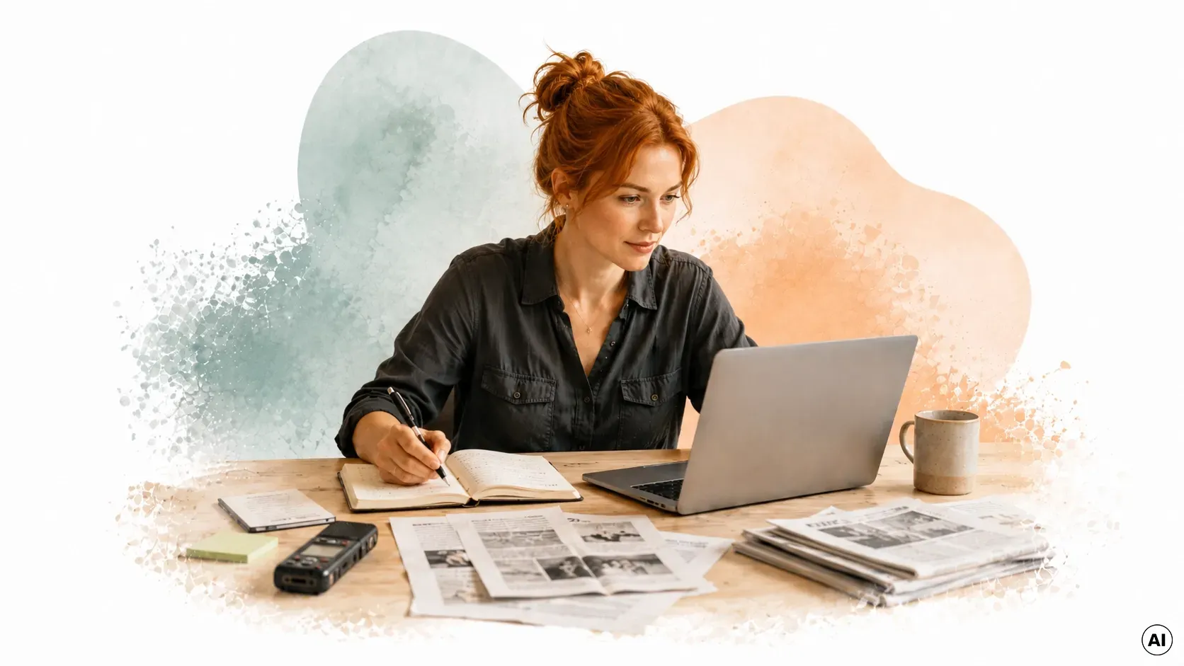 Eine Person arbeitet an einem Schreibtisch mit Laptop, Unterlagen, Kamera und Pflanzen in einem hellen Heimbüro.