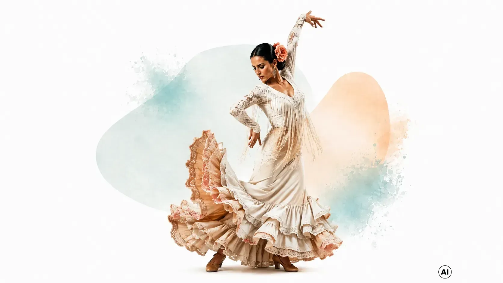 Flamencotänzerin in einem fließenden weißen Kleid mit erhobenen Armen 