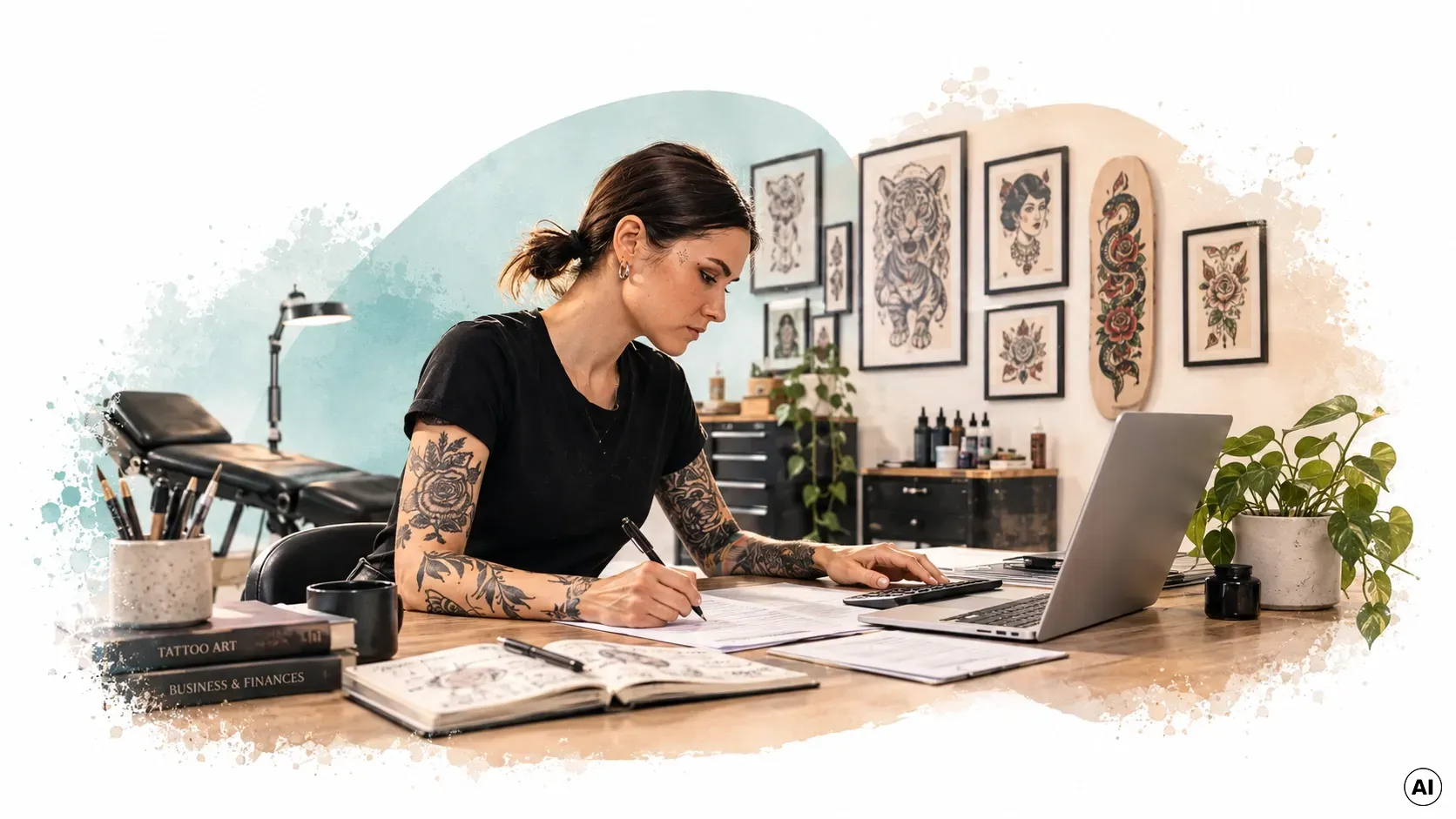 Eine Künstlerin arbeitet an einem Schreibtisch mit Pinseln, Tusche und Papier in einem hellen, minimalistischen Atelier.