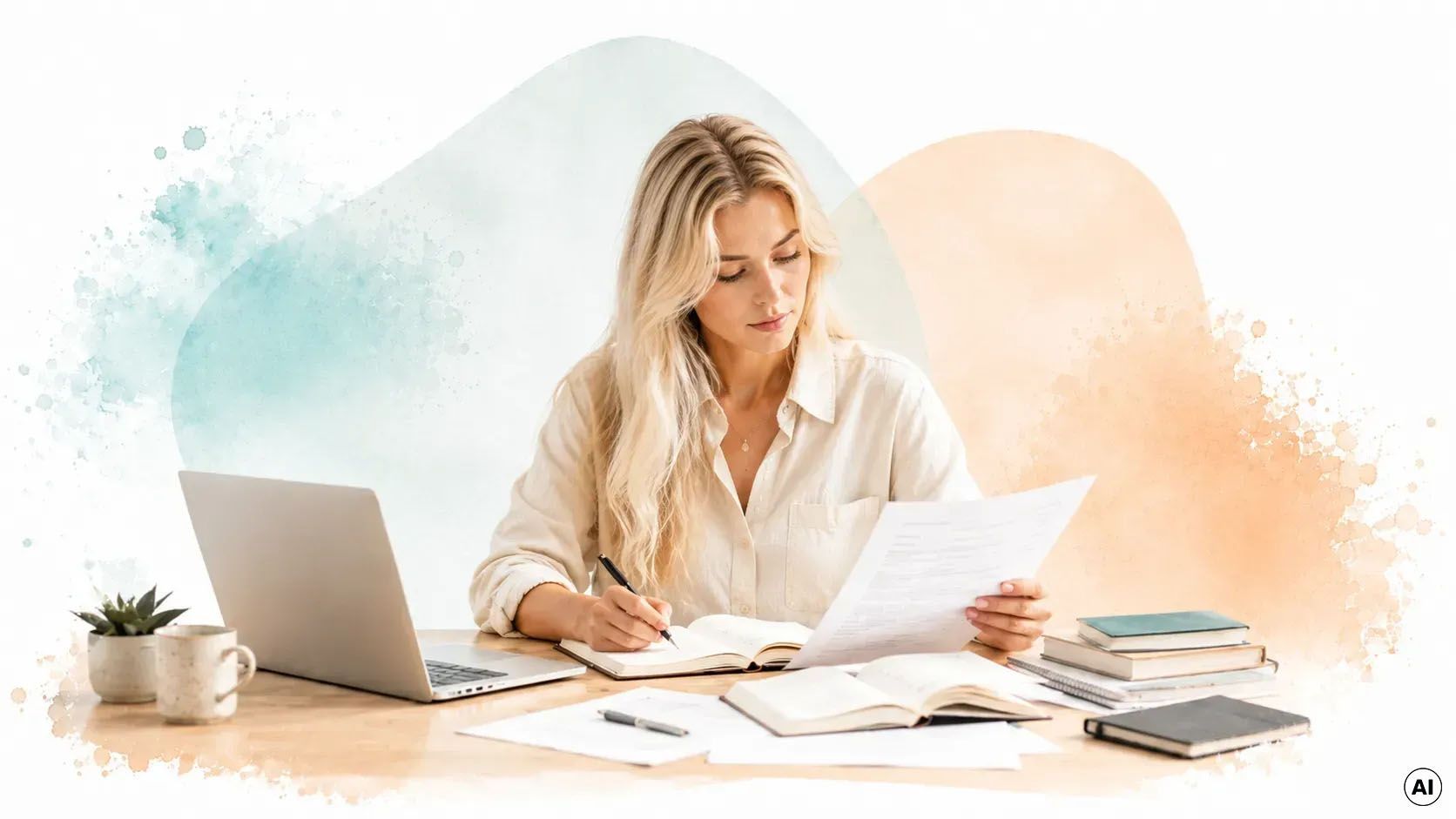 Eine Person arbeitet an einem Schreibtisch mit Laptop, Unterlagen, Kamera und Pflanzen in einem hellen Heimbüro.