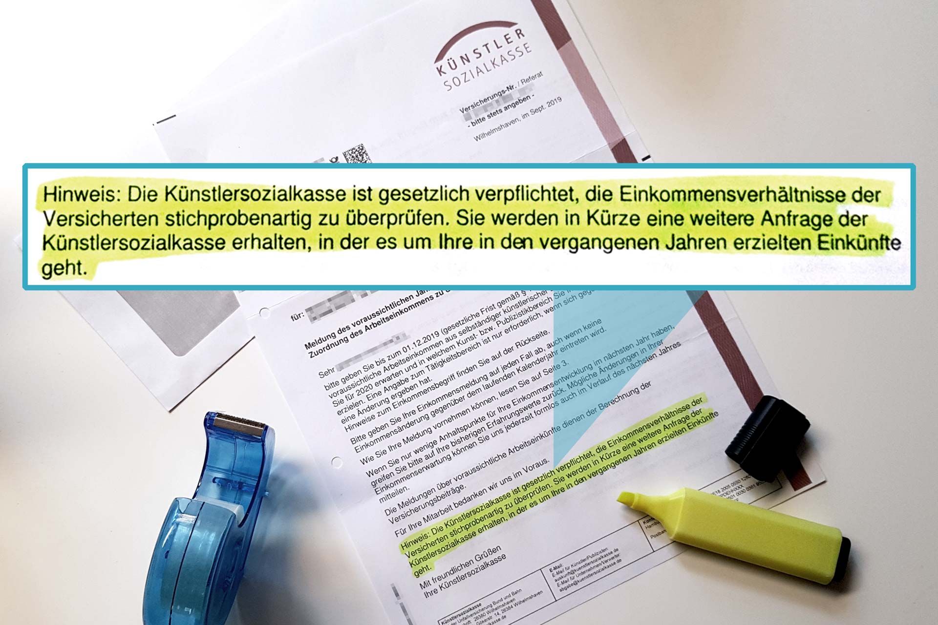KSK-Schreiben mit grün markiertem Hinweis auf die bevorstehende KSK-Prüfung der Versicherten