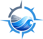 Blue wave logo inside a circular compass-like emblem with gray and blue accents