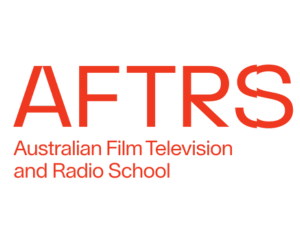 Red logo for AFTRs university that reads in bold text; AFTRS, with small red writing underneath that reads; Australian Film Television and Radio School