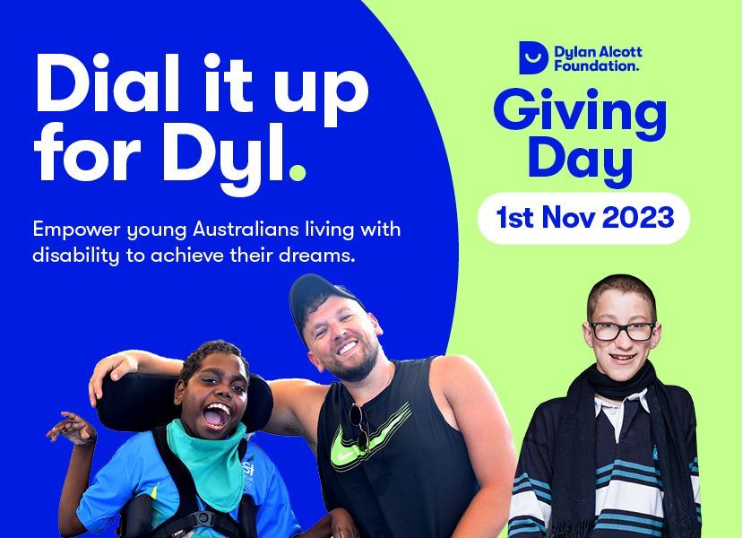 Blue promotional banner for Dylan Alcott Foundation Giving Day with smiling people and “Dial it up for Dy!” text