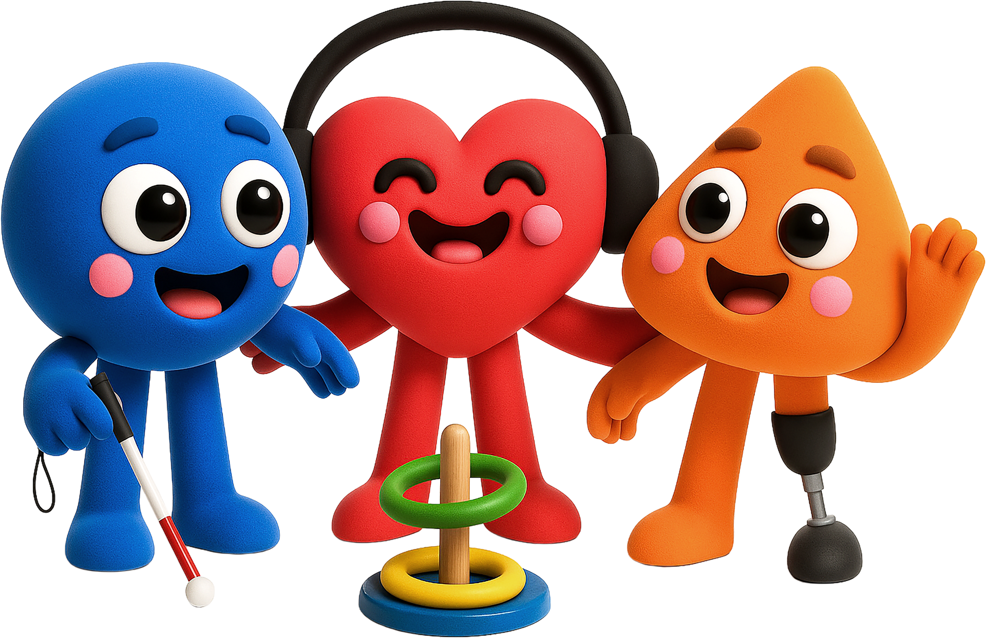 Two cartoon images, the left is a square shaped purple character who holds a tennis racket and ball, they are a wheelchair user. The right, is a red heart shaped character who wears headphones and holds a basketball.