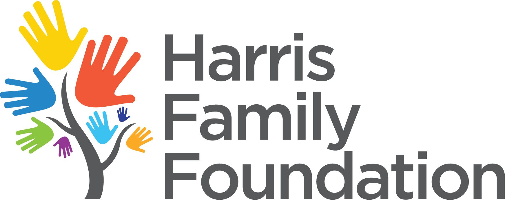 Harris Family Foundation logo with colorful handprints and gray text