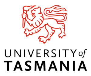 University of Tasmania logo, containing an image of a red lion carrying a torch and dark text that reads - University of Tasmania.