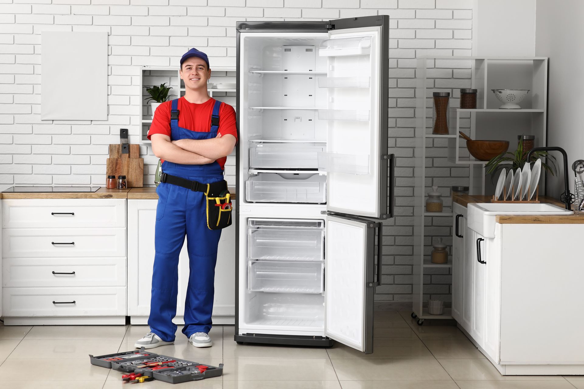 Refrigerator repairman with open fridge in kitchen.