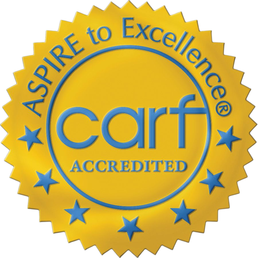 CARF accredited gold seal with blue stars and “Aspire to Excellence” text