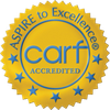 CARF accredited gold seal with blue stars and “Aspire to Excellence” text