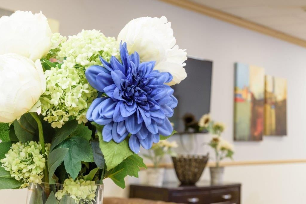 Close-up of a flower arrangement with white peonies, green hydrangeas, and a blue dahlia in a clear vase.